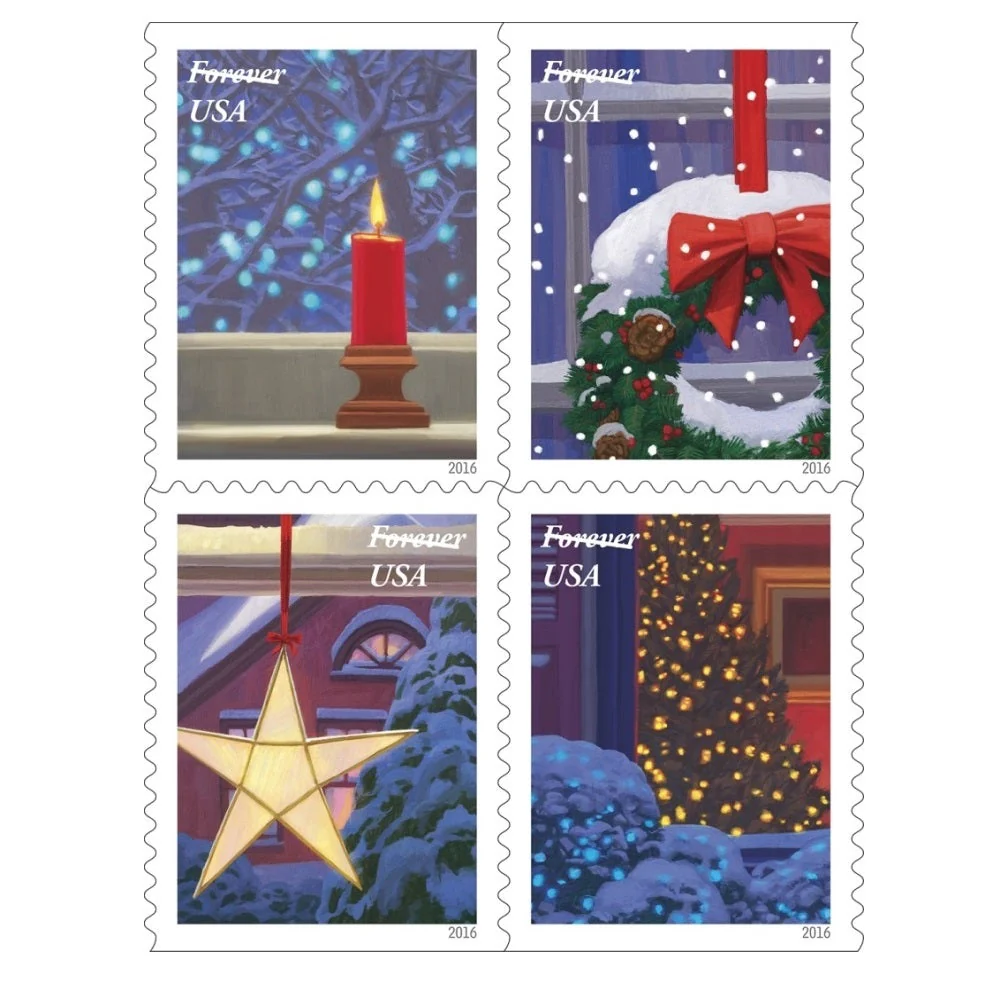 2016-holiday-windows-usps-forever-stamps-authentic-postage-authstamps (2) 2016 Holiday Windows-USPS Forever Stamps(Booklet) - Image 1