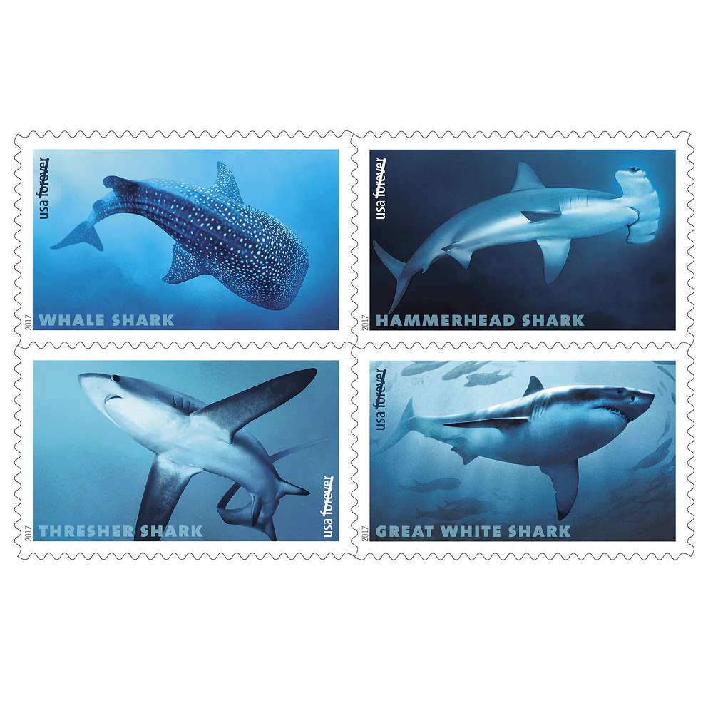 2017-sharks-usps-forever-stamps-authentic-postage-authstamps (2) 2017 Sharks-USPS Forever Stamps(Sheet) - Image 1