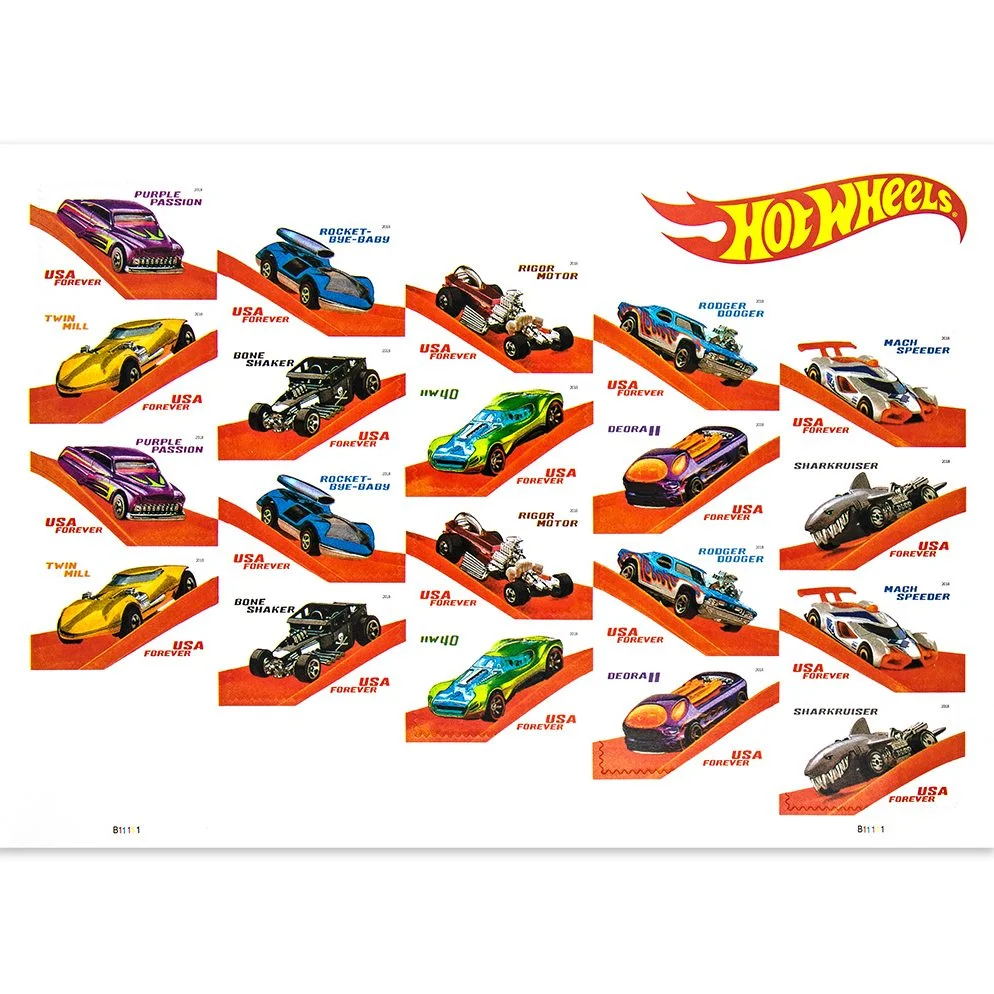 2018-hot-wheels-cars-usps-forever-stamps-authentic-postage-authstamps (1) 2018 Hot Wheels Cars-USPS Forever Stamps(Sheet) - Image 1