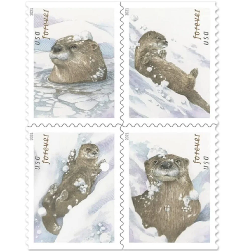 2021-otters-in-snow-usps-forever-stamps-authentic-postage-authstamps (1) 2021 Otters in Snow-USPS Forever Stamps(Booklet) - Image 1
