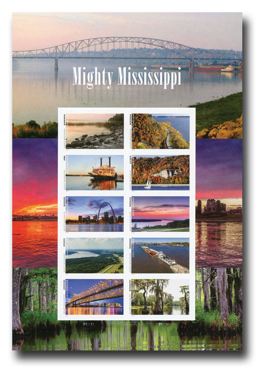 2022-mighty-mississippi-usps-forever-stamps-authentic-postage-authstamps 2022 Mighty Mississippi-Priority Mail Express Stamps Sheet of 50 - Image 1